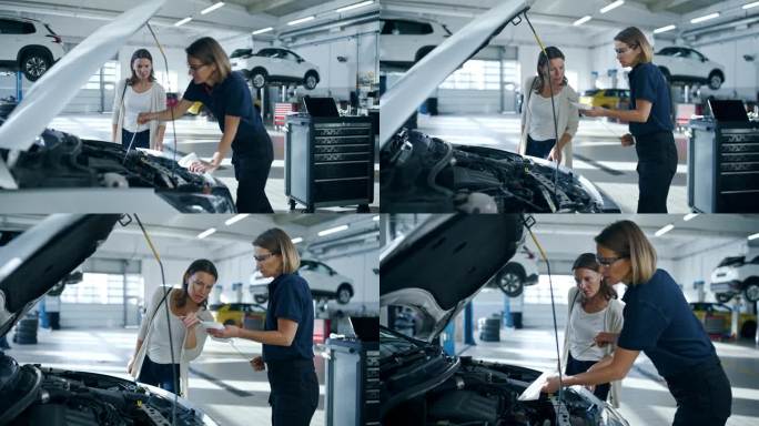 女机械师在汽车修理店向顾客展示油尺