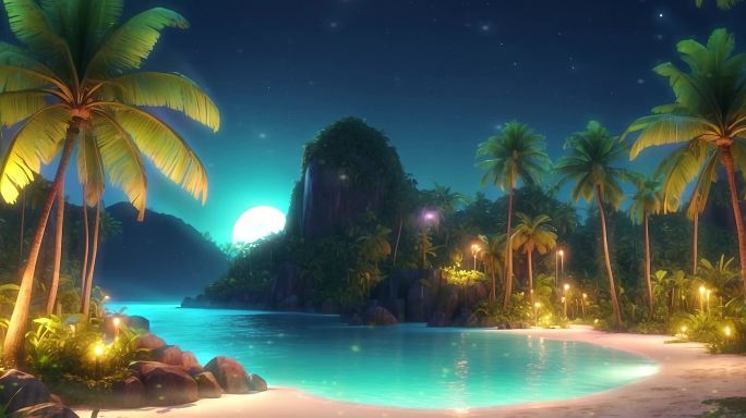 4K宽屏大屏沙滩海边椰子树星夜背景
