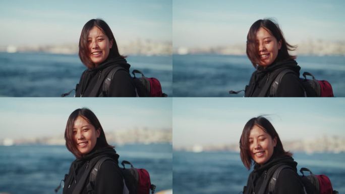独自乘坐轮渡的亚洲女性游客