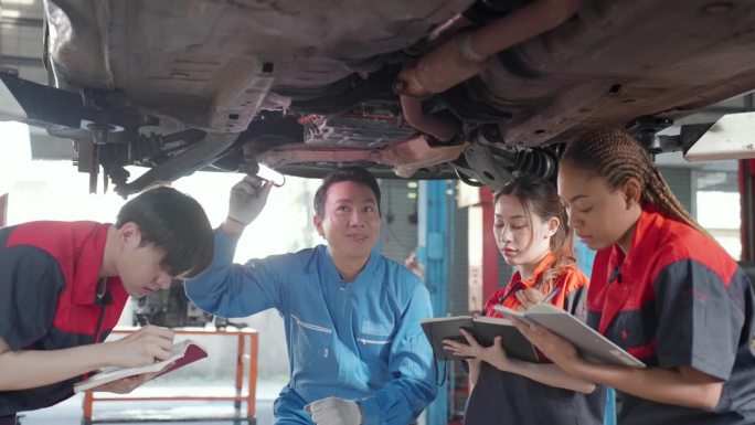 穿着蓝色制服的资深男机械师在一家汽车修理店向一群多种族的机械师学生讲授汽车底盘部分，他们正在用汽车千