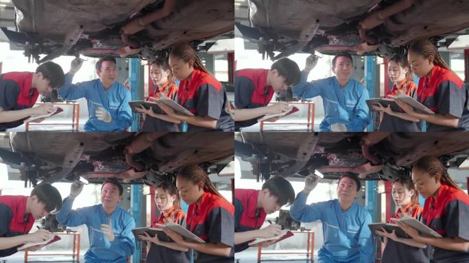 穿着蓝色制服的资深男机械师在一家汽车修理店向一群多种族的机械师学生讲授汽车底盘部分，他们正在用汽车千