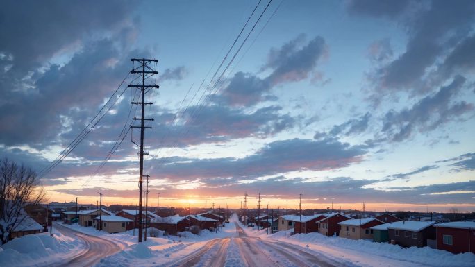 延时摄影-北方小镇下雪后宁静的夕阳