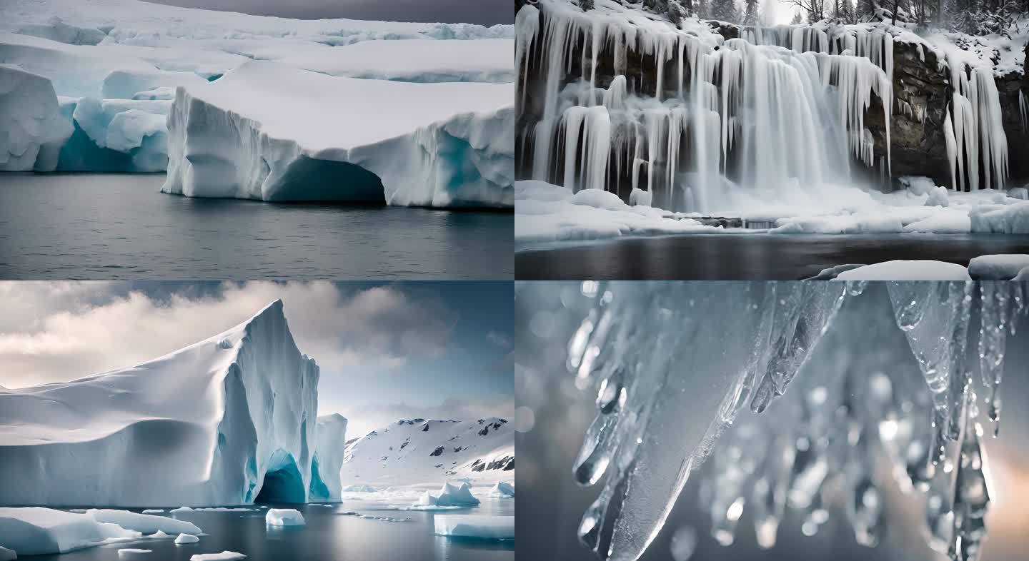 冰瀑布冰川冰雪融化冰山冰河南极寒冷