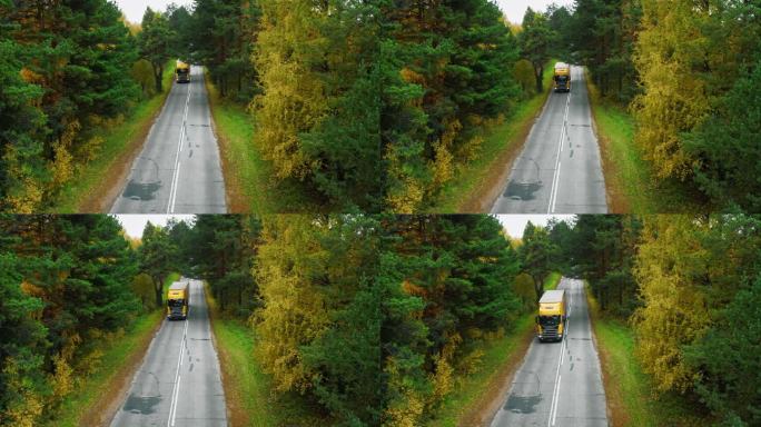 一辆满载货物的黄色大卡车行驶在一条标有标志的风景优美的道路上。四周是一片秋林，黄灿灿的落叶，美丽的百