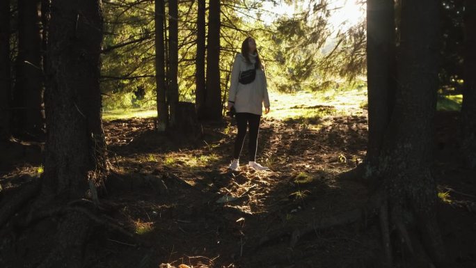 一个美丽的年轻女子旅行者走在罗马尼亚喀尔巴阡山脉的山林里，在日落或日出时靠近Transalpina山