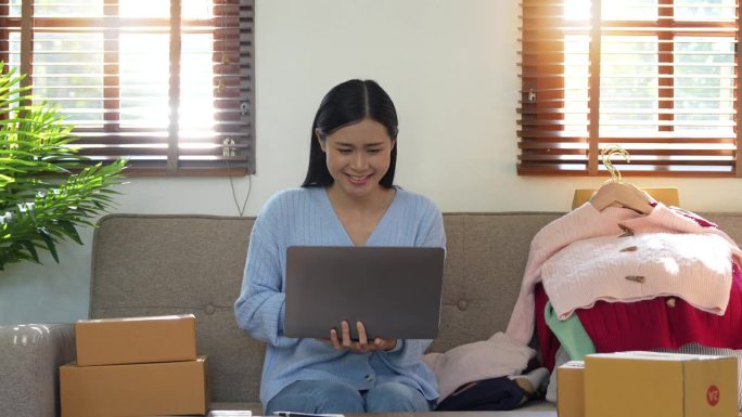 成功的女性工作和使用笔记本电脑在家里网上销售产品