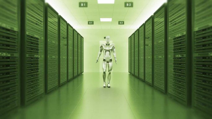 在服务器机房里慢慢行走的高科技机器人。