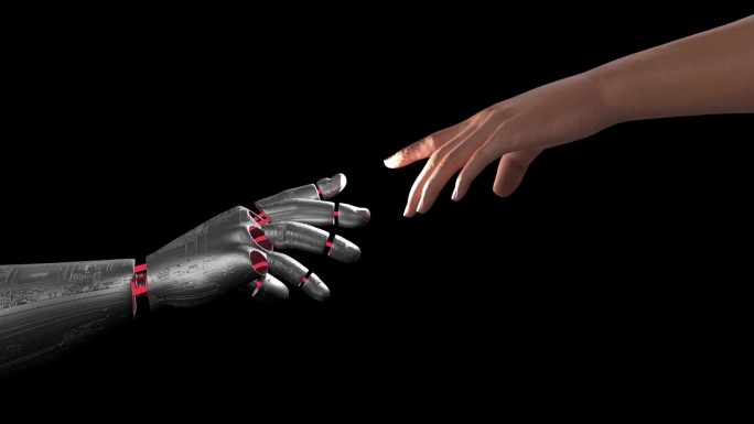 未来机器人和人类的手慢慢接触在一起。亮度通道。