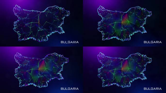 未来的甜蜜运动揭示保加利亚地图多边形蓝紫色彩色连接线和点线框网络与朦胧的散景文字