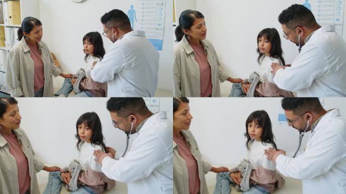男儿童医生用听诊器听病人背诊