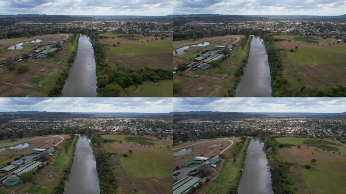 位于澳大利亚昆士兰州洛根利的洛根河畔的马术设施和公园。空中拍摄