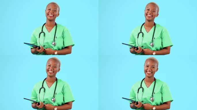 快乐的黑人女性、护士和平板电脑，用于医疗护理、研究或人寿保险，背景是蓝色的工作室。非洲女性医学专家的