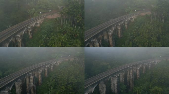 撤回建立无人机拍摄9拱桥在雾蒙蒙的早晨在艾拉斯里兰卡
