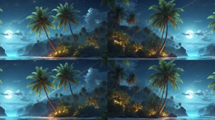 6K宽屏大屏唯美海边椰子树星夜流星背景