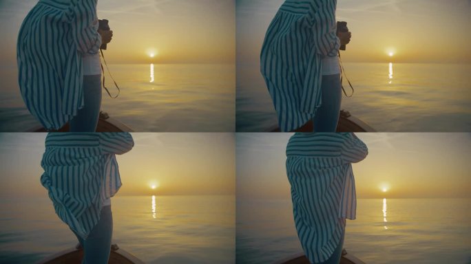 一个女人的灿烂笑容欣赏日落在地平线上的大海