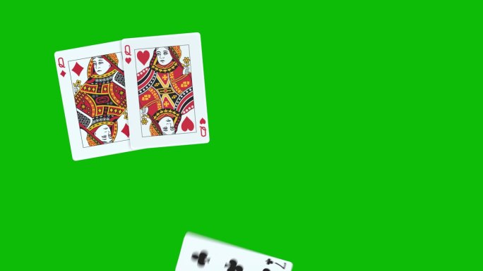 由两对扑克牌组成的手牌，在绿屏上依次抛出扑克牌3D动画，扑克牌动画，发扑克牌动画。赢牌手两对组合1