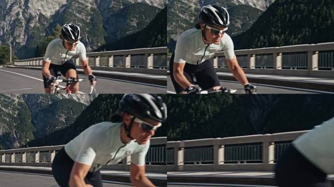 戴着头盔和太阳镜的女自行车手上坡