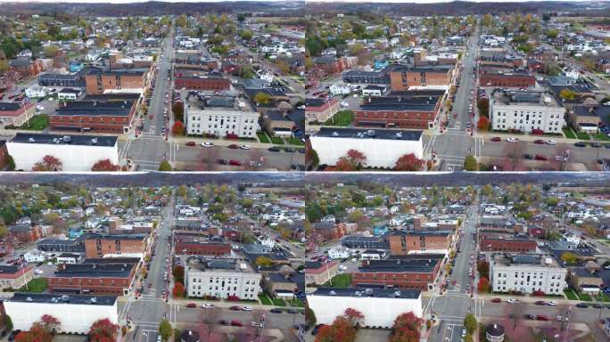 俄亥俄州洛根市，市区及周边城镇的无人机航拍画面。霍金县法院，无人机。