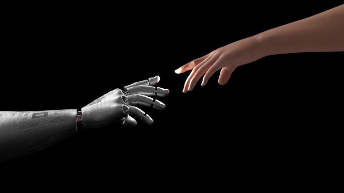 机器人和人类的手慢慢接触在一起。Alpha Luma通道。