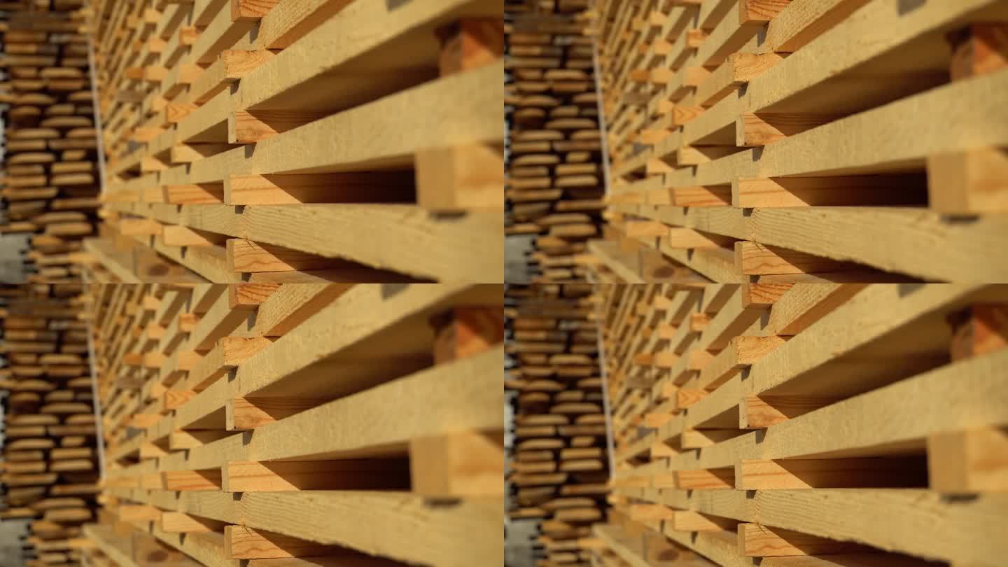 锯木厂的木材。一堆木材。锯木厂，木材加工。木材工业，4k视频。