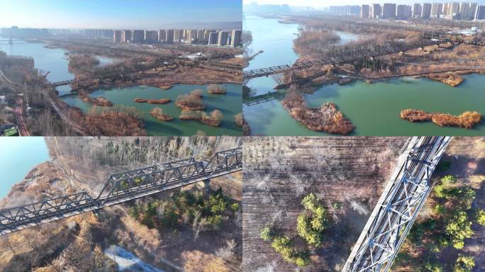 航拍山西太原废弃铁路桥立冬