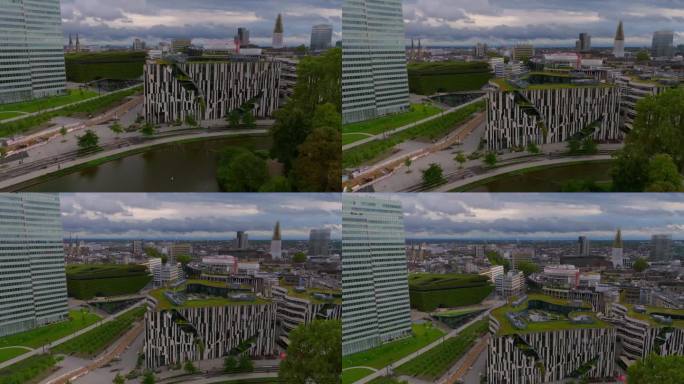 建立航拍图，展示欧洲最大的绿色立面，绿色建筑围护结构，改善城市气候。德国杜塞尔多夫的商业中心