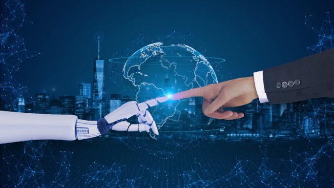 三维数字人工智能机器人与人类发展的AI研究。未来的人们生活。