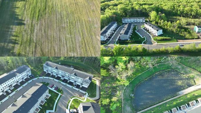 美国新泽西州门罗帕克莱纳新住宅周围的绿色树木和田野的无人机镜头