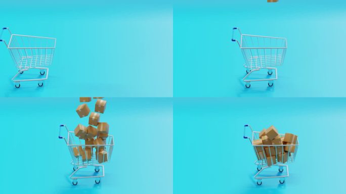 纸箱包裹落在超市推车或手推车上并向前移动，3D渲染。