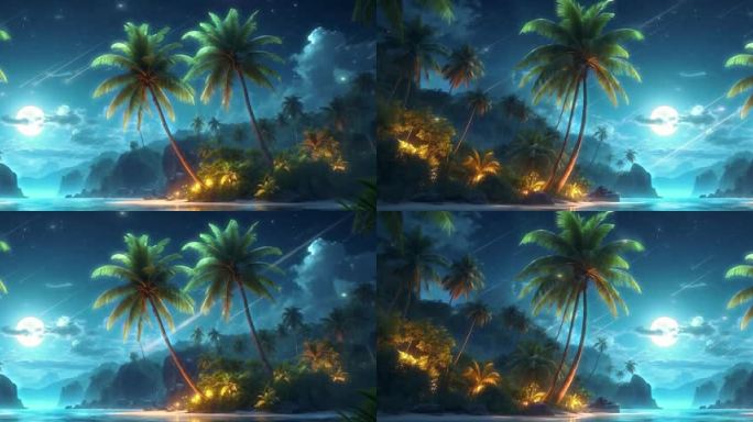 4K宽屏大屏唯美海边椰子树星夜流星背景