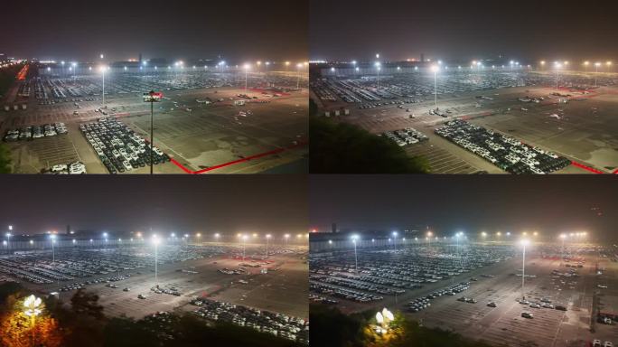 航拍中国重庆长安汽车厂区大型停车场夜景