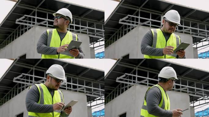 戴着墨镜的亚洲工程师站在那里检查房屋建筑。身穿黄色背心、头戴白色头盔的年轻人正在调查施工计划。未完工