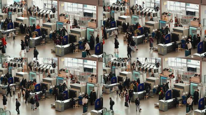 机场火车站入口检票安检区及乘客