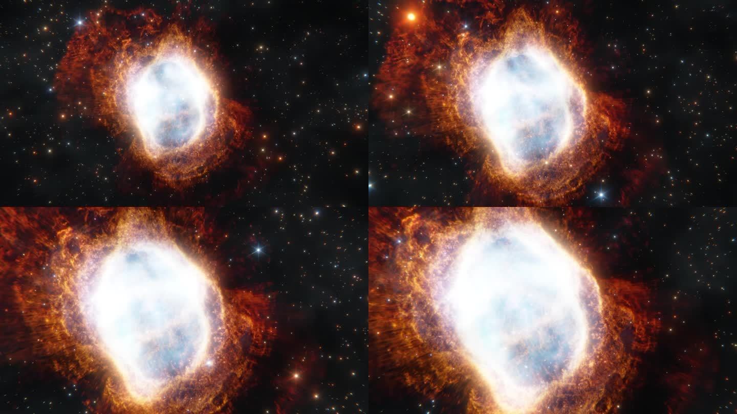 穿越深空的恒星场，飞向一个巨大的星云。詹姆斯·韦伯望远镜拍摄的南环星云。
