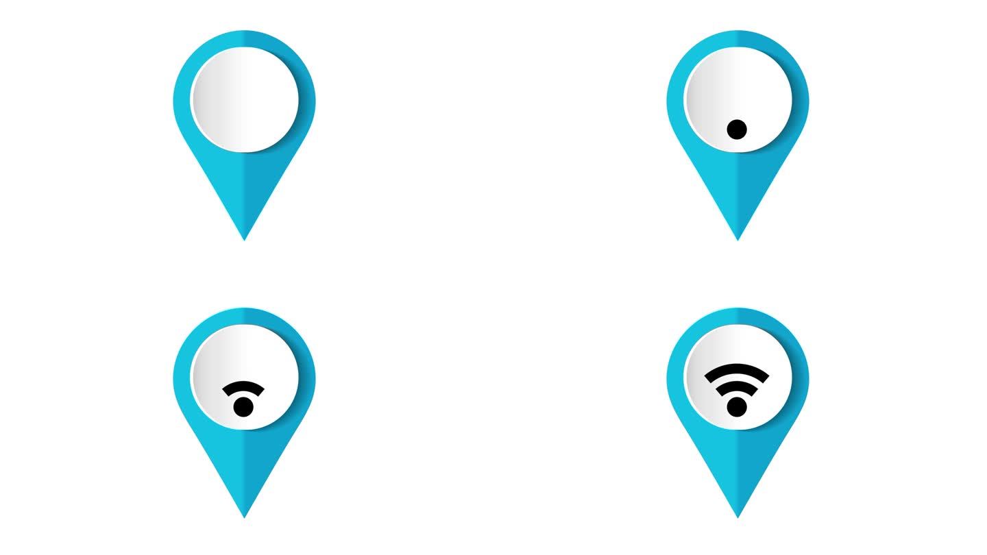 位置WiFi符号动画在白色背景。Wi-Fi信号互联网连接动画图标
位置