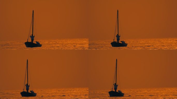 《海岸奥德赛》:日落时分，女人站在船头，男人熟练地驾驶着船
