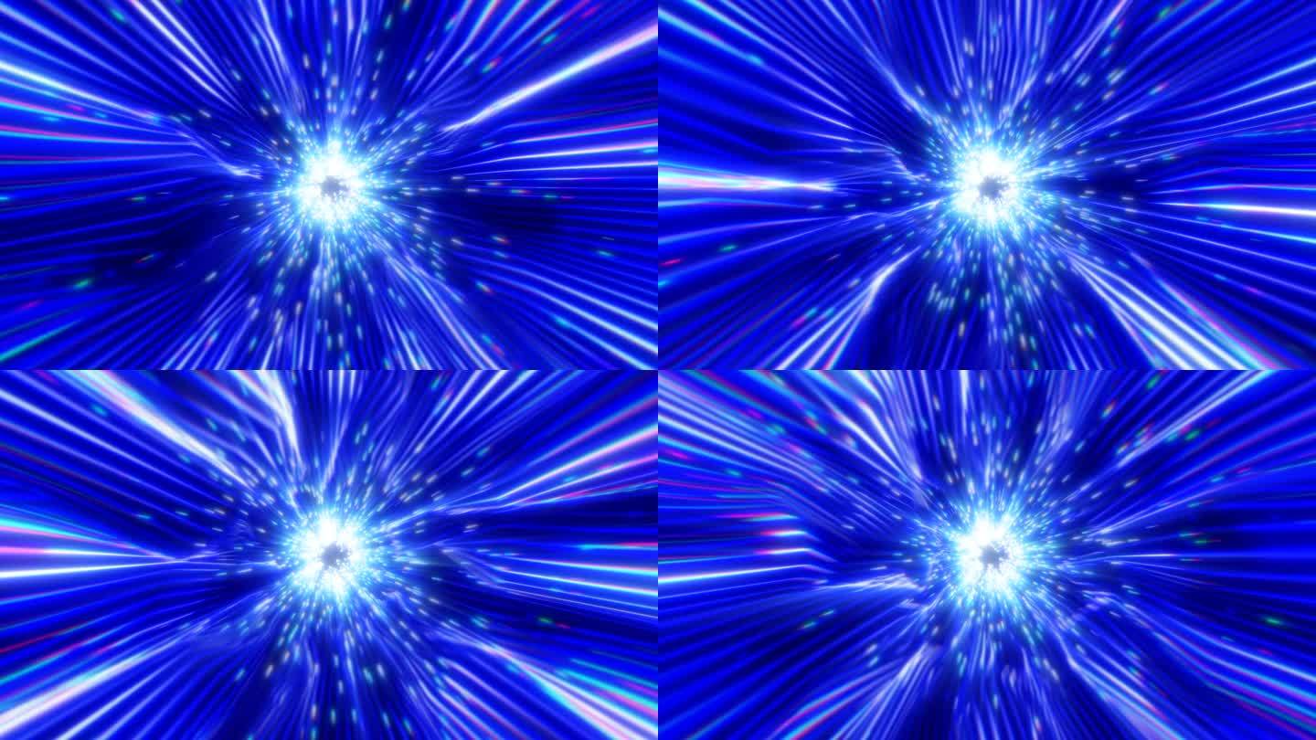 美丽的抽象蓝色隧道，由未来主义的数字条纹和线条组成，在黑色空间背景上散发着明亮的魔力。抽象的背景