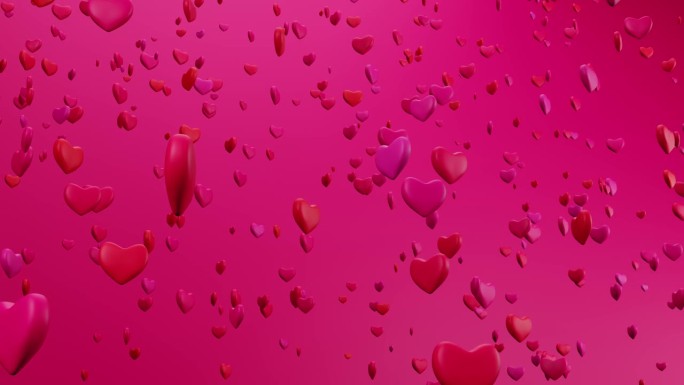 一束红色和粉色的心像五彩纸屑一样落在粉红色的背景上。循环动画