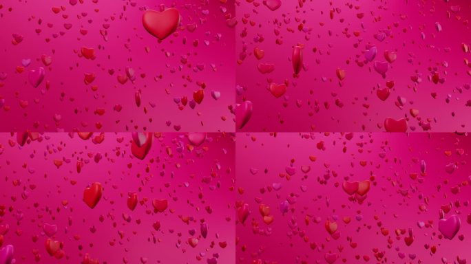一束红色和粉色的心像五彩纸屑一样落在粉红色的背景上。循环动画