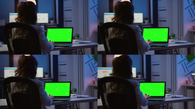 女商人看绿屏笔记本电脑的背影