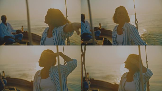 女人指向远方:夕阳和丈夫一起航行，在木船上捕捉景深