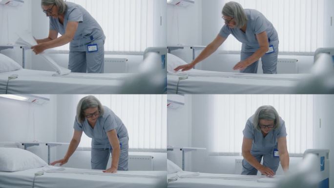 成熟的护士在病房里铺床，为病人准备床铺
