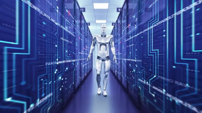高科技未来机器人自信地走在服务器机房。