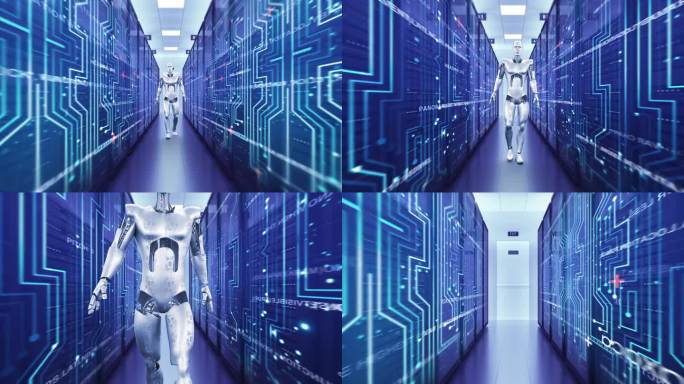 高科技未来机器人自信地走在服务器机房。