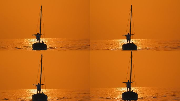 SLO MO航行宁静:一对夫妇在日落时在船上滑行的浪漫之旅