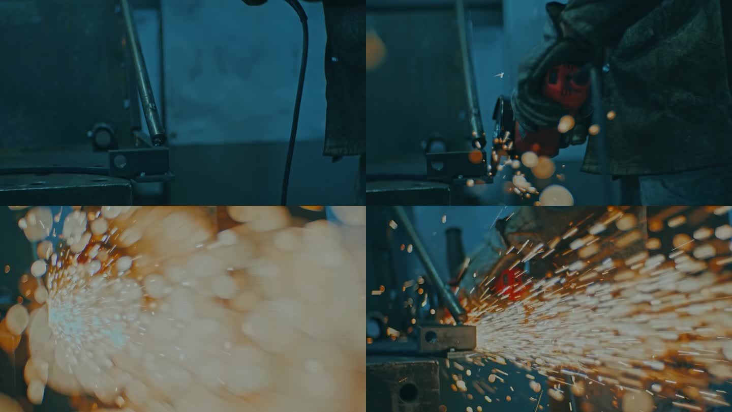 SLO MO工人使用研磨工具与金色闪光和散景的火花飞来飞去。工业厂房