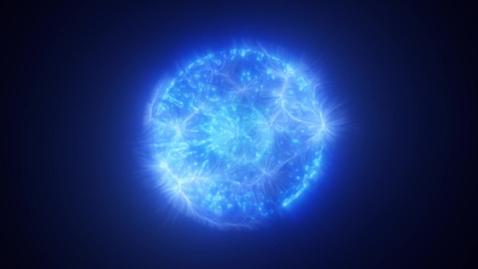 摘要蓝色能量发光数字球原子是由黑色背景上移动的电等离子体液体产生的虹彩能量构成的