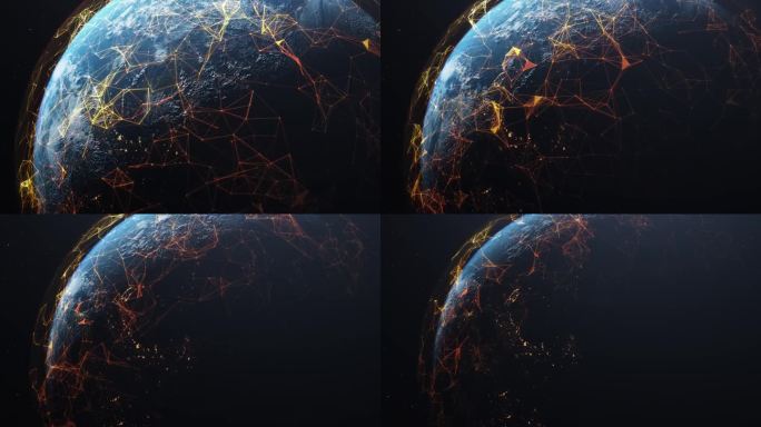 3D渲染地球与橙色卫星轨迹，通信，连接信号，数字信号，全球覆盖