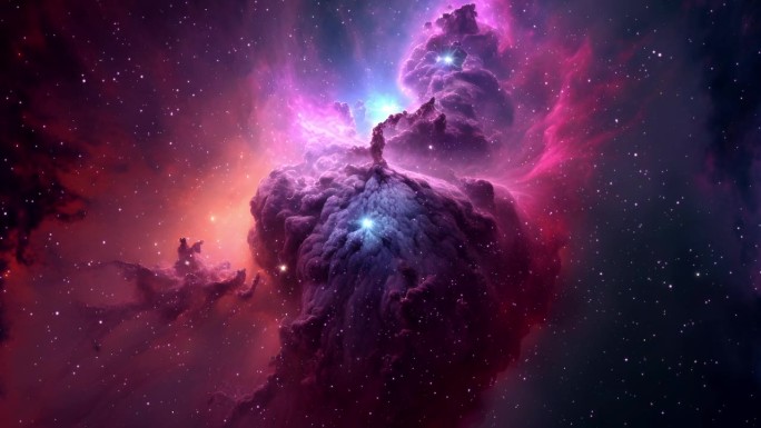 穿越星云的太空动画。星际介质中独特的发光部分，可由电离氢、中性氢或分子氢以及宇宙尘埃组成。