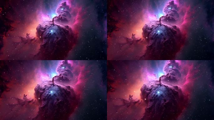 穿越星云的太空动画。星际介质中独特的发光部分，可由电离氢、中性氢或分子氢以及宇宙尘埃组成。